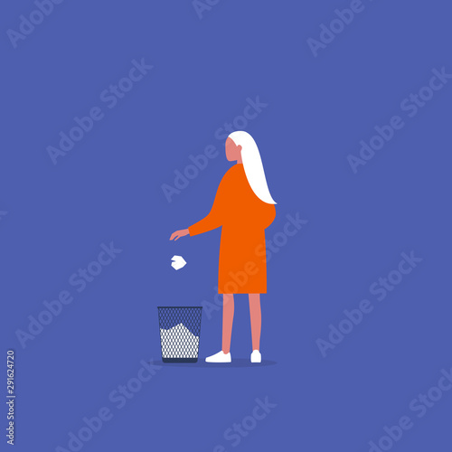 Mistakes at work. Young female character throwing out a ball of paper. Recycling. Flat vector illustration, clip art