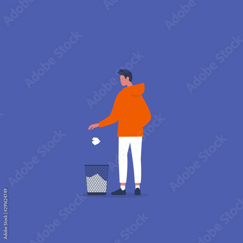 Mistakes at work. Young male character throwing out a ball of paper. Recycling. Flat vector illustration, clip art