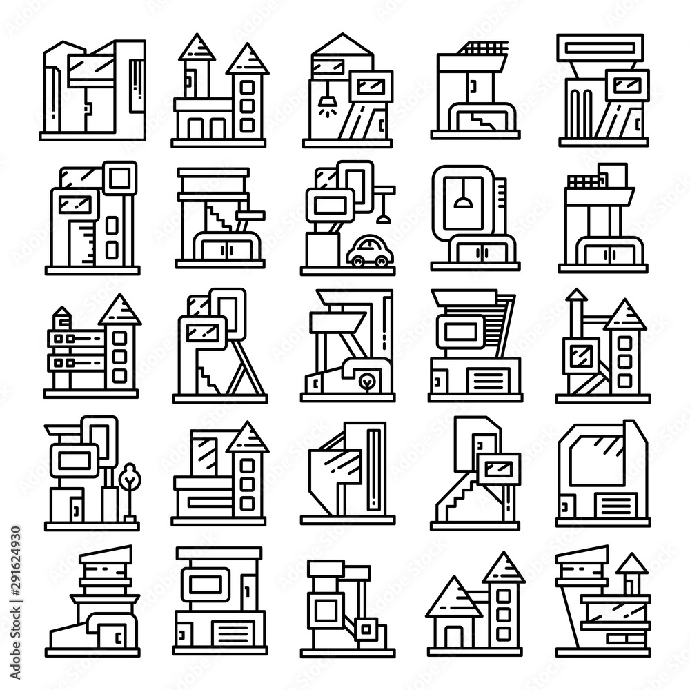 modern building and house, modern architecture design line icons modern building and house, modern architecture design line icons