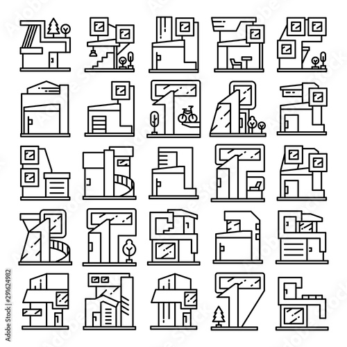 modern building and house, modern architecture design line icons