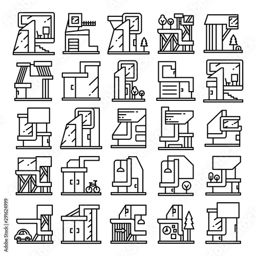 modern building and house, modern architecture design line icons