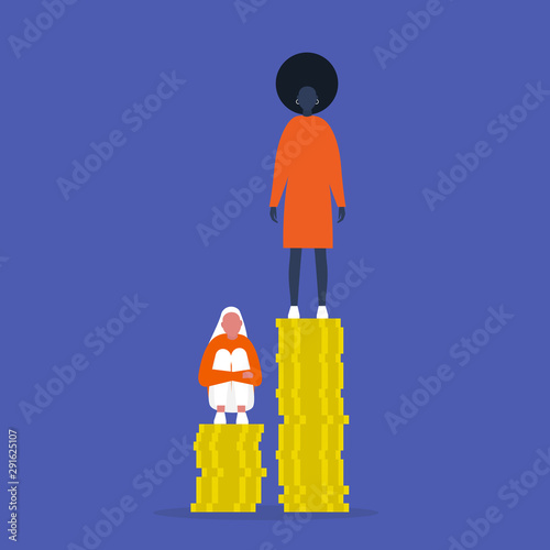 Inequality. Characters sitting and standing on the stacks of coins. Different salaries. Career opportunities. Discrimination.