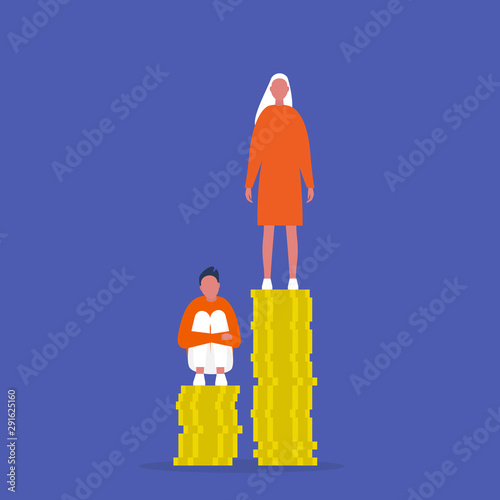 Inequality. Characters sitting and standing on the stacks of coins. Different salaries. Career opportunities. Discrimination