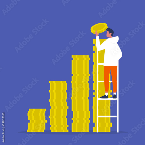 IPO. Investment. A stack of coins. Business. Finance. Young character climbing up the ladder. Success.