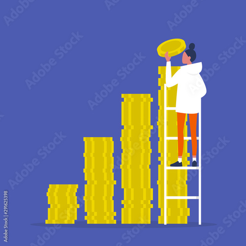 IPO. Investment. A stack of coins. Business. Finance. Young female character climbing up the ladder. Success.