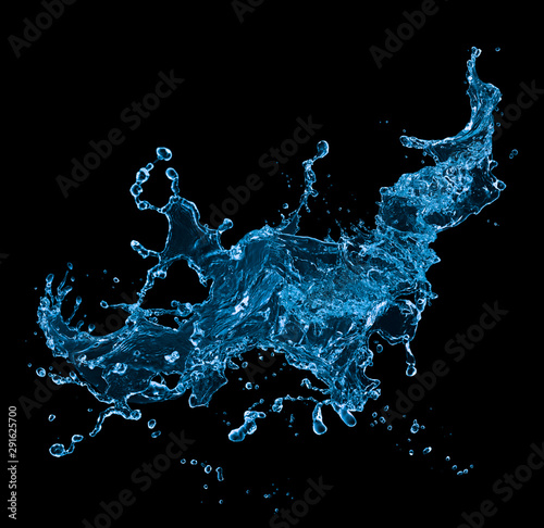 blue water splash isolated on black background