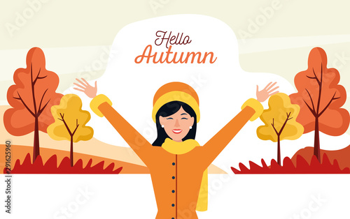 hello autumn season scene with happy girl