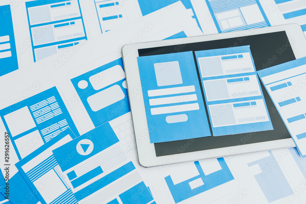 Developing wireframe UX/UI mobile application design. Stock Photo ...