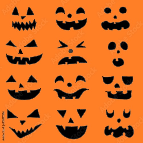 Seamless pattern of scary face pumpkins. Funny wallpaper for textile and fabric. Fashion style. Colorful bright design.