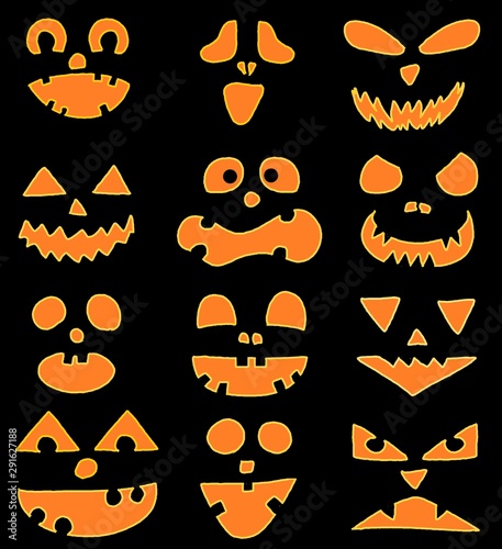 Seamless pattern of scary face pumpkins. Funny wallpaper for textile and fabric. Fashion style. Colorful bright design.