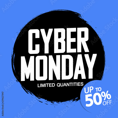 Cyber Monday Sale, up to 50% off, banner design template, discount tag, grunge brush, limited quantities, vector illustration