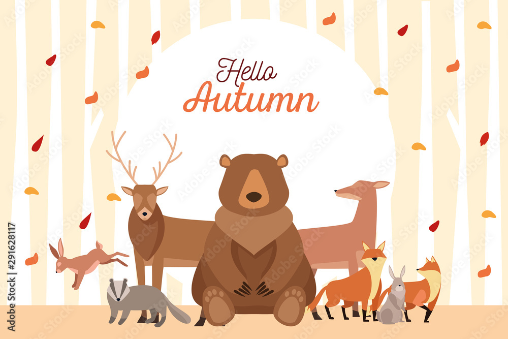 Naklejka premium hello autumn season scene with group animals