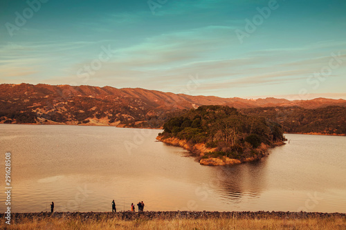 A beautiful background view of island on the big lake with people enjoying evening time around the lake at Mendocino California, USA
