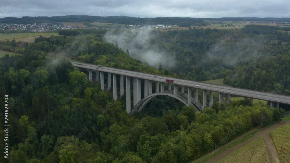 Aerial view of highway Autobahn bridge in Germany on a cloudy and fogy morning in fall. Aerial view of highway Autobahn bridge in Germany on a cloudy and fogy morning in fall.
