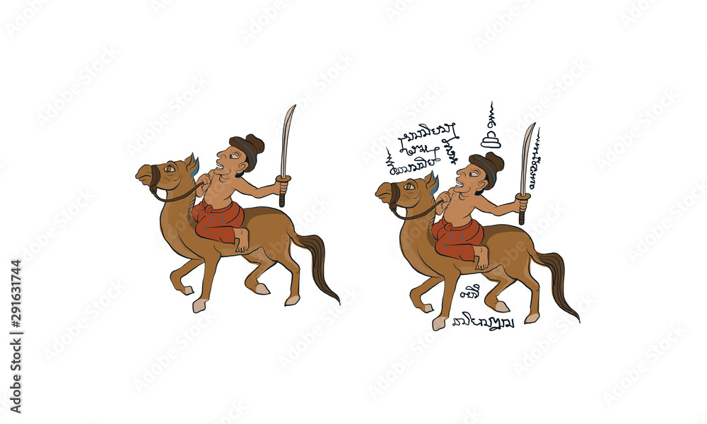 man riding horse drawing in Thai traditional painting, Thai tattoo man riding horse drawing in Thai traditional painting, Thai tattoo