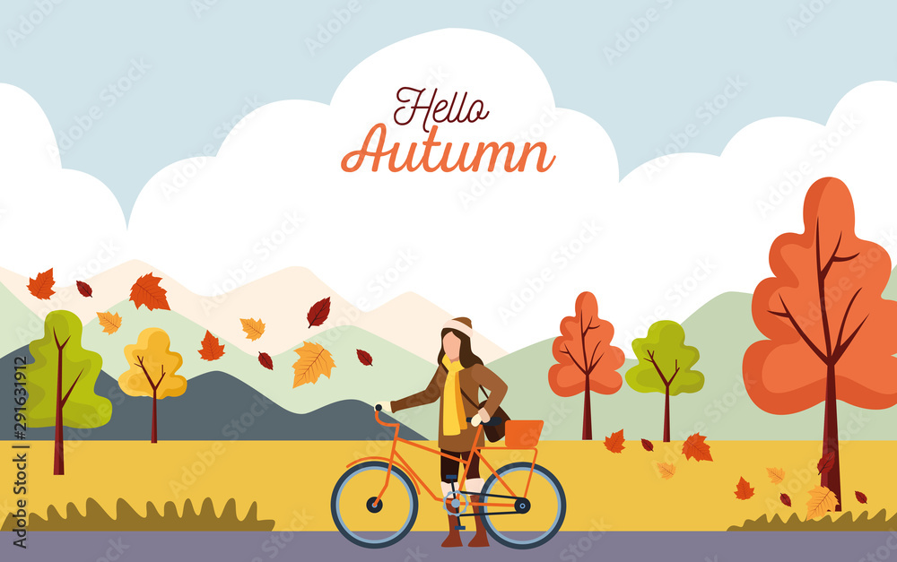 hello autumn season scene with girl in bicycle
