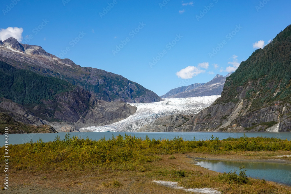A view of Mendenhall Glacier in the Tongass National Forrest in Juneau, Alaska.