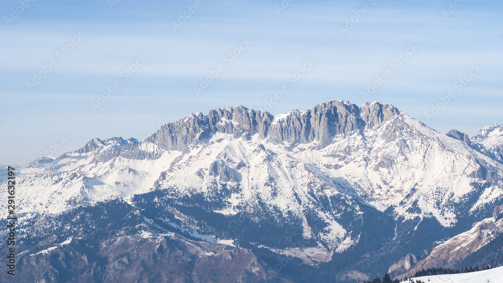Presolana is a mountain range of the Orobie, Italian Alps. Landscape in winter with snow