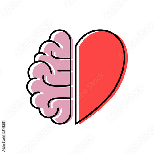 Heart and brain concept. Conflict between emotions and rational thinking, teamwork and balance between soul and intelligence. Flat style. Isolated on white background. 