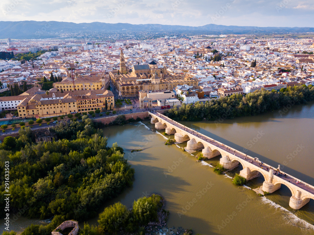 Aerial view of Cordoba with Roman Bridge and Mosque–Cathedral