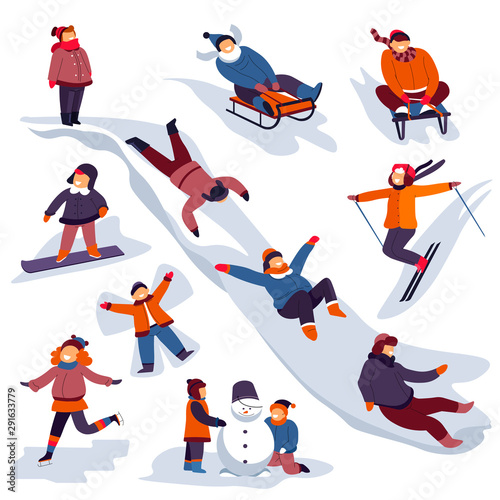 Children sledding and playing outdoors in winter, skiing and snowboarding
