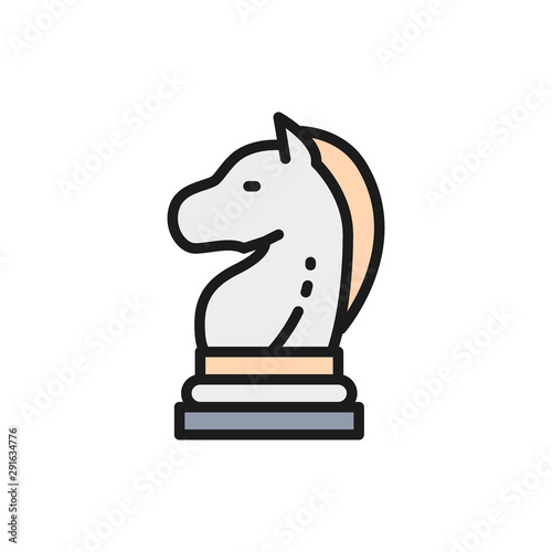 Vector chess horse, knight piece, strategy flat color line icon.