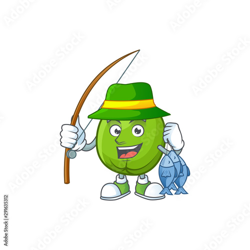 Fishing casimiroa fruit cartoon character with mascot photo