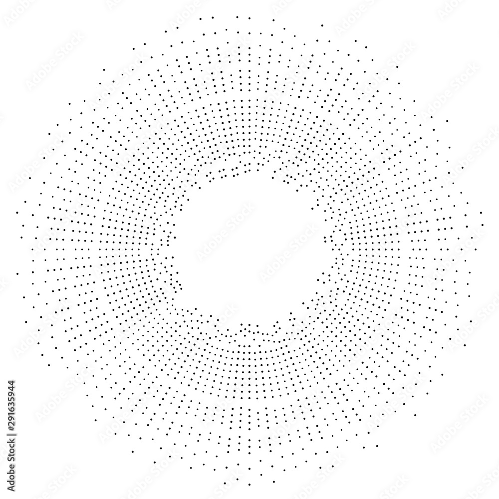 Halftone rays, beams. dots, dotted radial burst lines. Sparkle, fireworks, gleam design. Circular, concentric stripes. radiating, converging trail lines