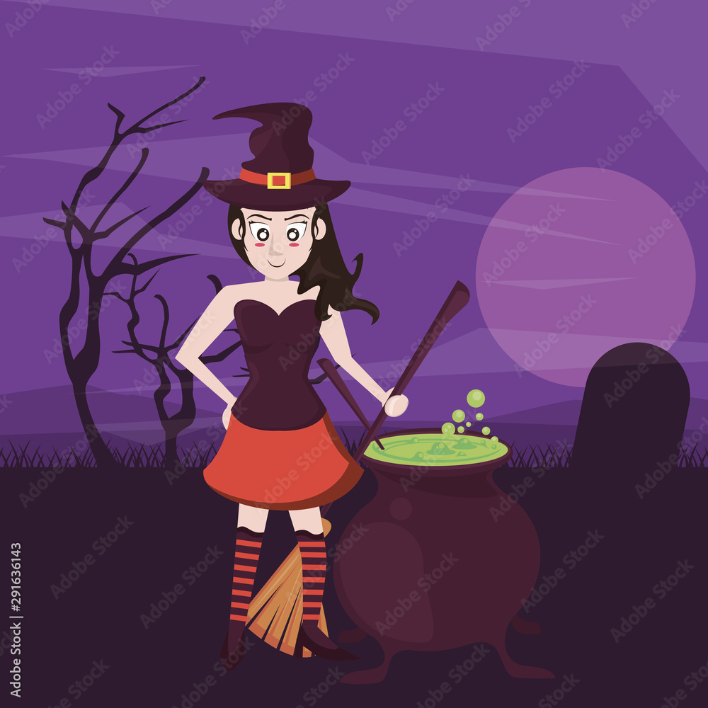 Plakat halloween dark scene with person costume of witch