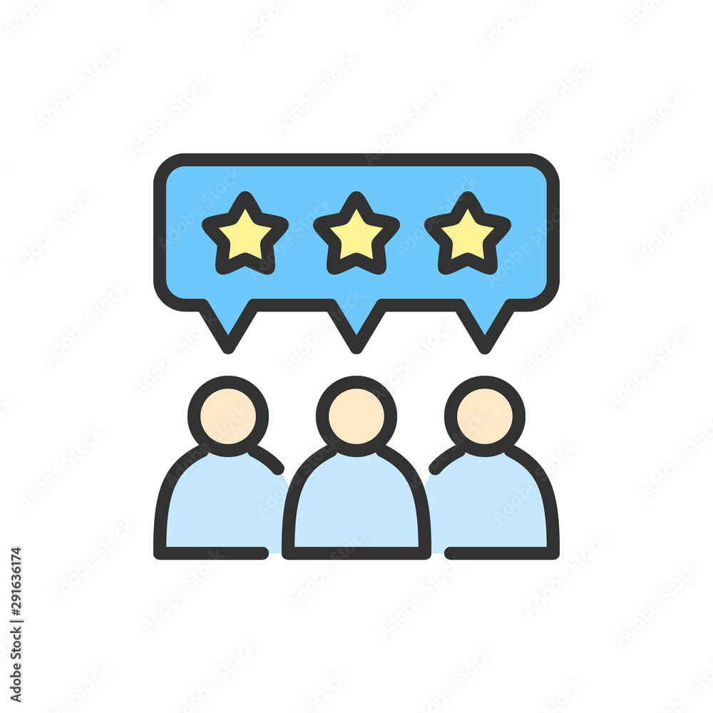 Vector people with star bubbles, rating, feedback, reputation color line icon. Vector people with star bubbles, rating, feedback, reputation color line icon.