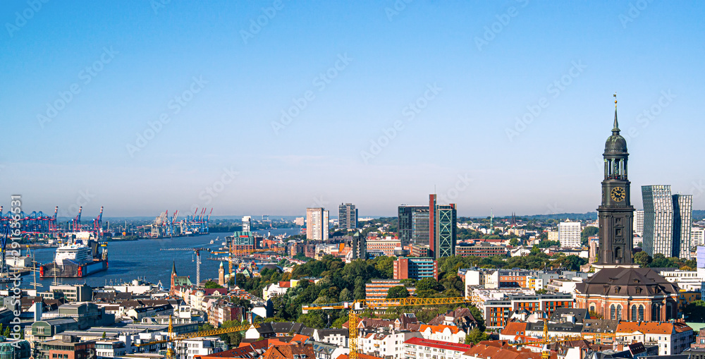 Hamburg harbor panorama with dry dock and st.michaelis church