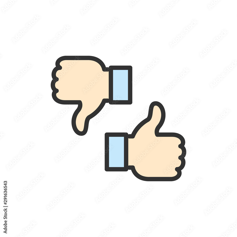 Vector like, dislike, thumbs up and down, feedback flat color line icon. Vector like, dislike, thumbs up and down, feedback flat color line icon.