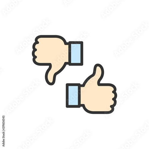 Vector like, dislike, thumbs up and down, feedback flat color line icon.