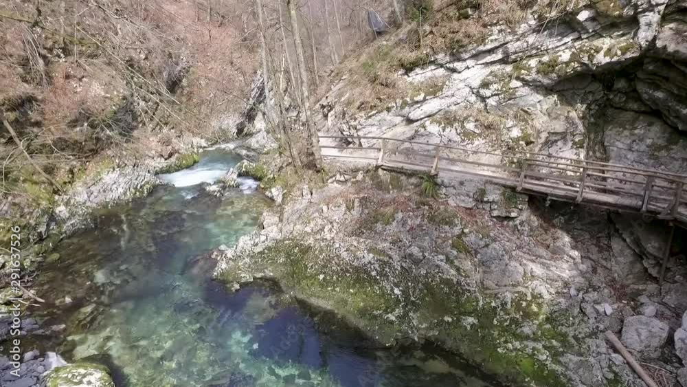 Aerial - Flying low above Soteska Vintgar. Gorge, Slovenia Aerial - Flying low above Soteska Vintgar. Gorge, Slovenia