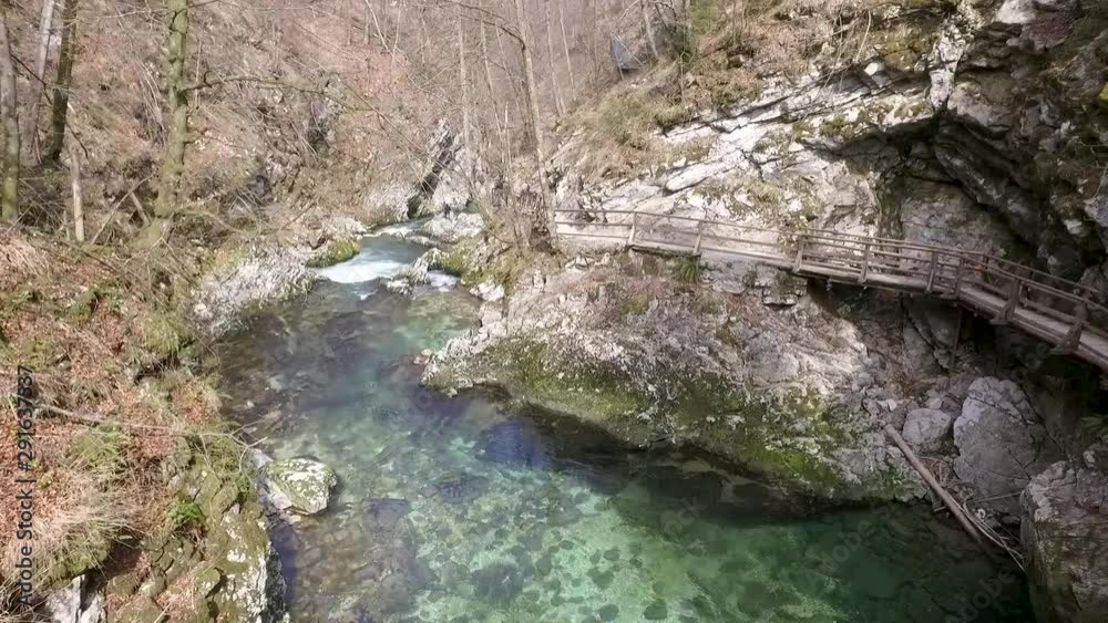 Aerial - Flying low above Soteska Vintgar. Gorge, Slovenia Aerial - Flying low above Soteska Vintgar. Gorge, Slovenia