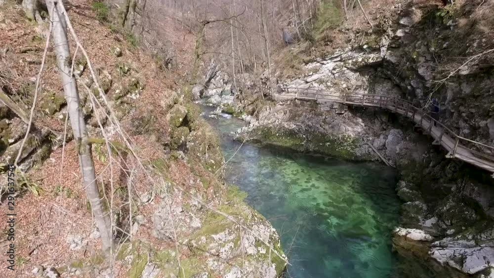 Aerial - Flying low above Soteska Vintgar. Gorge, Slovenia Aerial - Flying low above Soteska Vintgar. Gorge, Slovenia