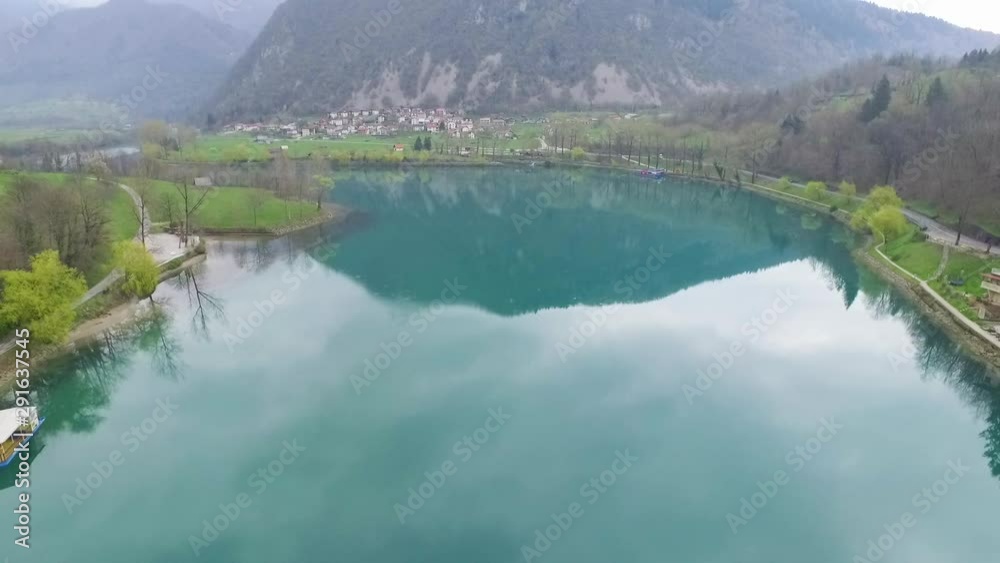 Aerial view of Soca river near the wellhead - National park Triglav in Slovenia Aerial view of Soca river near the wellhead - National park Triglav in Slovenia