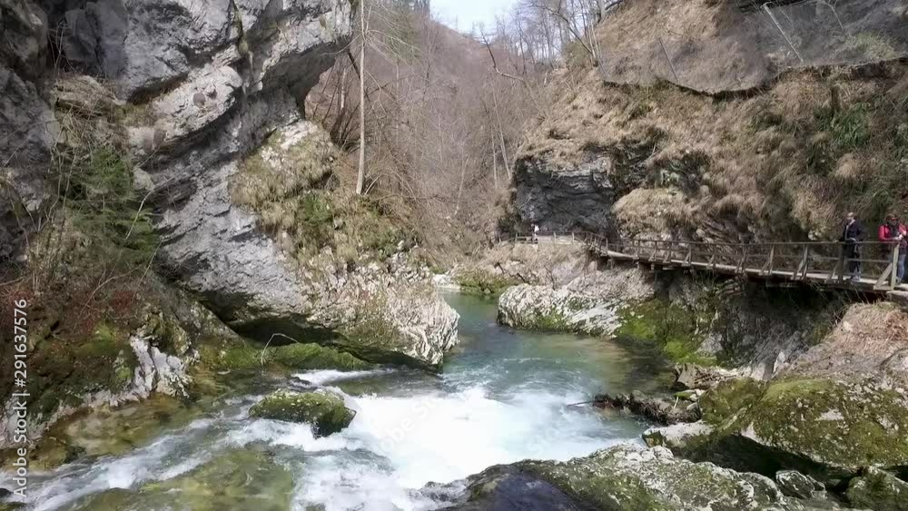 Aerial - Flying low above Soteska Vintgar. Gorge, Slovenia Aerial - Flying low above Soteska Vintgar. Gorge, Slovenia