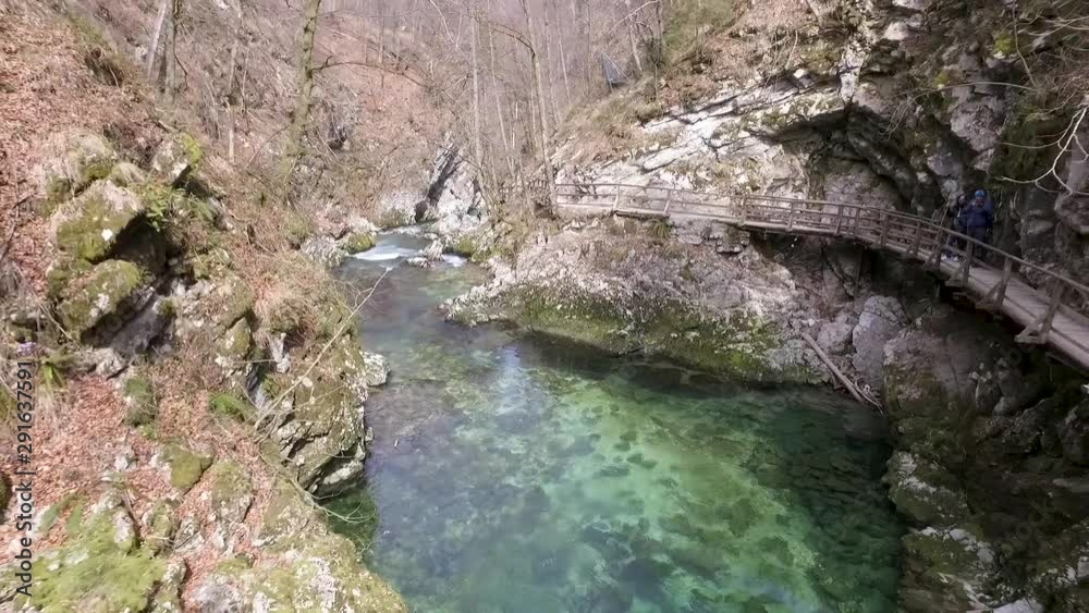 Aerial - Flying low above Soteska Vintgar. Gorge, Slovenia Aerial - Flying low above Soteska Vintgar. Gorge, Slovenia