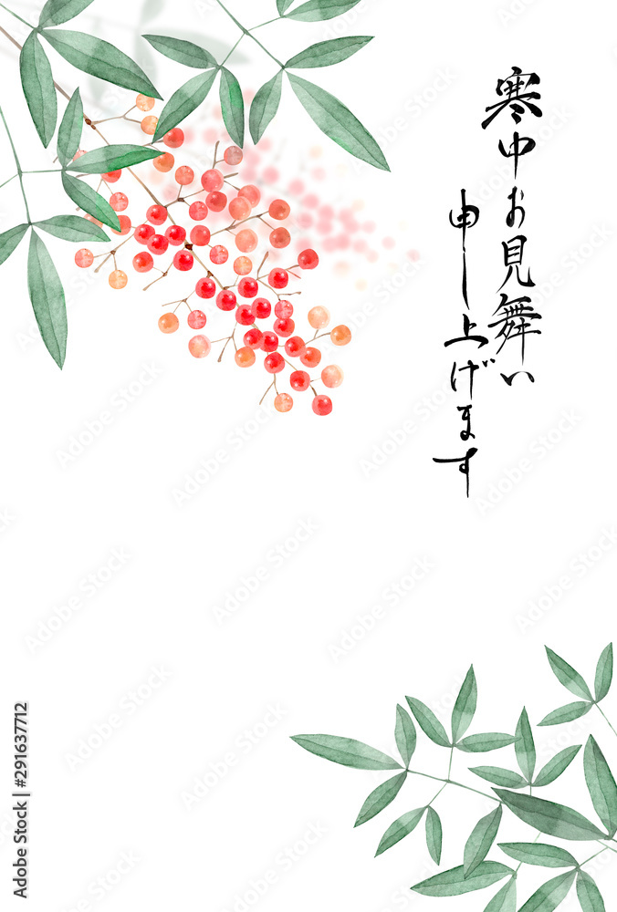 南天の実 寒中見舞い 背景 水彩 イラスト Stock Illustration Adobe Stock