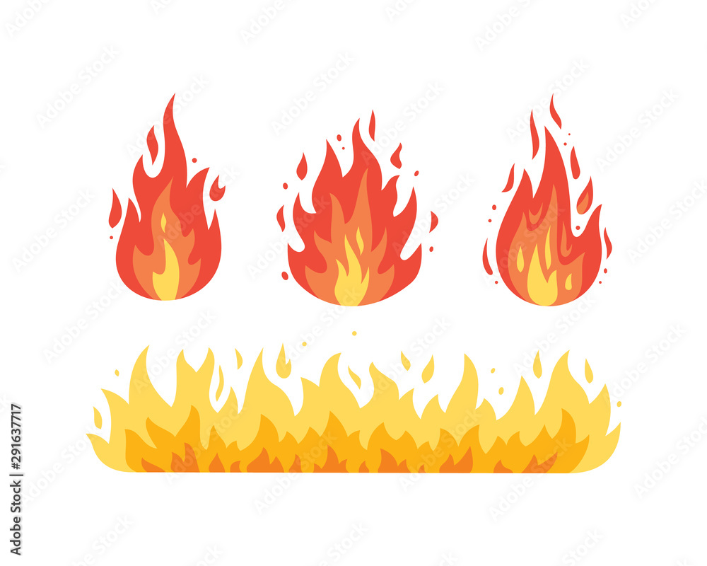 Fire flame vector icons in cartoon style. Flames of different shapes. - obrazy, fototapety, plakaty 