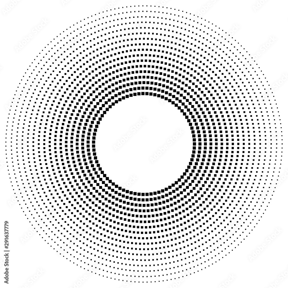 geometric circle of squares, rectangles. angular spiral,vortex abstract geometry design element. concentric squares half tone pattern. circular halftone.radial circles, rings design