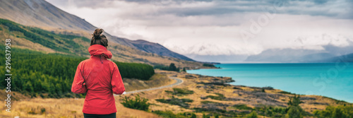 Photos Travel panoramic nature landscape woman traveling in New Zealand looking at view from Peter's lookout of Mount Aoraki Mt Cook banner