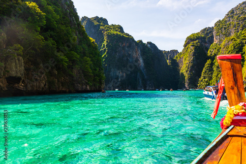 Stunning view of Pileh Lagoon from a long tail boat in Phi Phi Islands, Thailand