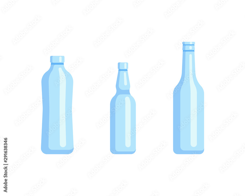 Plastic bottle set design flat oil and beverage. Set containers of different capacities large small tare. Plastic bottle set design flat oil and beverage. Set containers of different capacities large small tare.