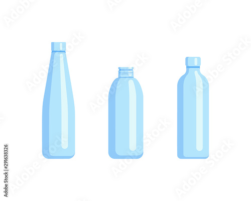 Plastic bottle set design flat oil and beverage. Set containers of different capacities large small tare.