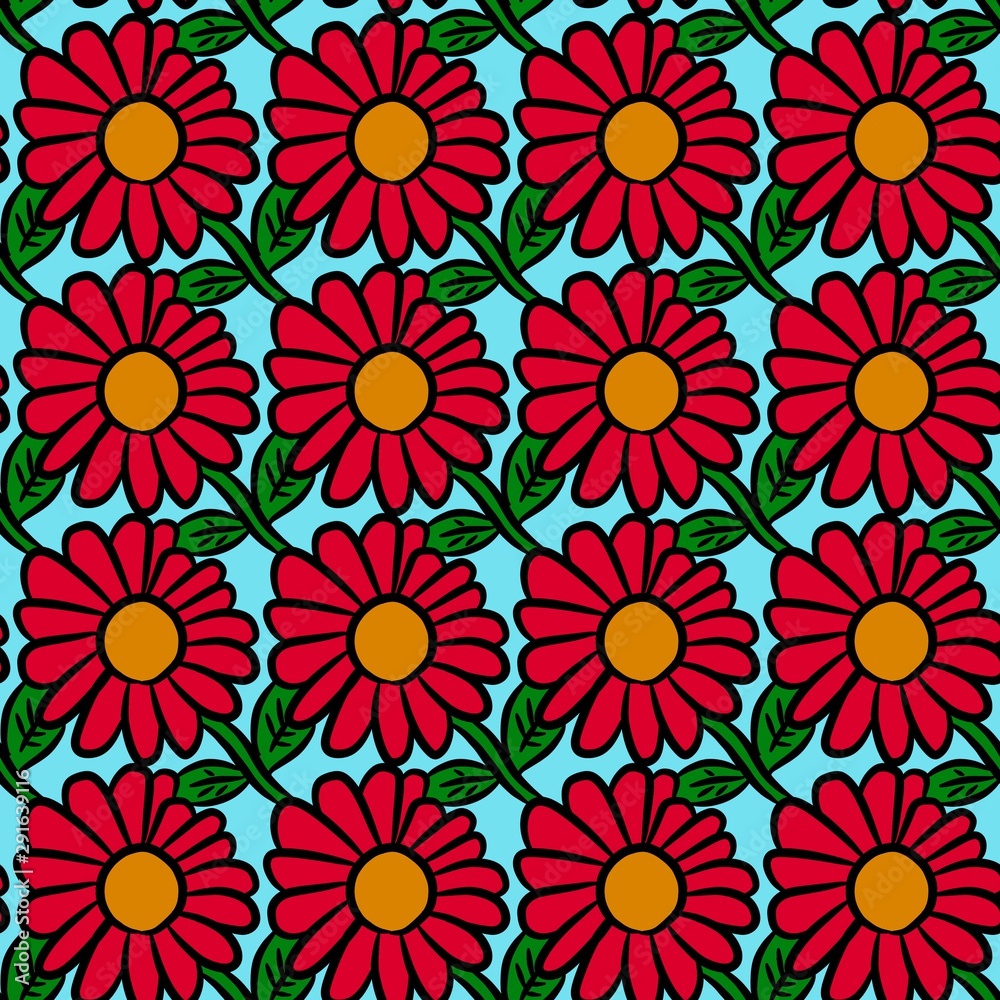 seamless pattern background of red flower on blue color
