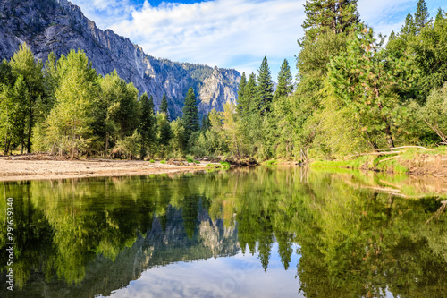 Lush trees reflect from both sides of the Merced River in Yosemite national park