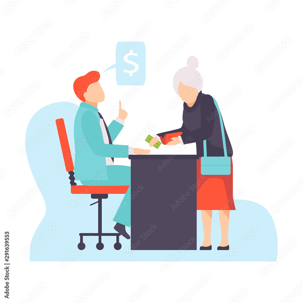 Character receiving bribe money. Vector illustration of bribery concept.