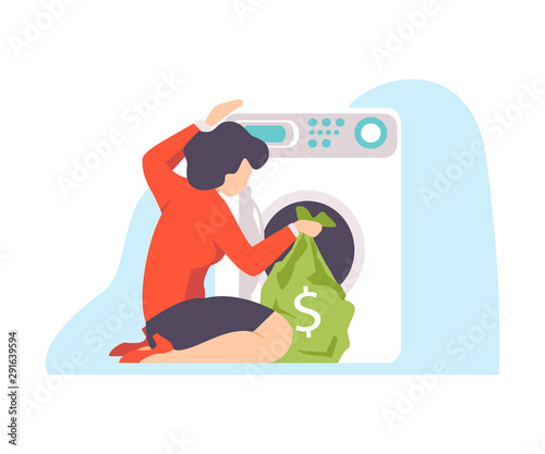 Vector illustration of money laundering concept. Woman in red shirt puts bag of money into washing machine